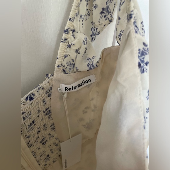 Reformation Floral Ruffle Dress in Cream and Purple - Picture 6 of 10